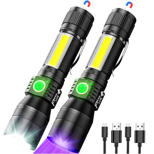 PeakPlus Rechargeable Flashlights UFX1000 [2 Pack] 3-In-1 UV Blacklight Flashlight, COB - 7 Light Modes Waterproof Magnetic High Lumens Clip-On - UV Light For Pet Urine Detection, Camping, Emergencies