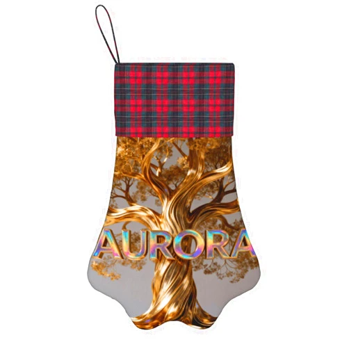 JugJug Personalized Christmas Stocking with Custom Name - Golden Tree of Life Design with Red Plaid Cuff - Holographic Text Effect Family Holiday Mantel Decorations