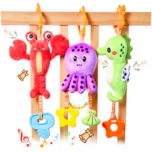 TUMAMA Baby Toys 0 3 6 12 Months, Hanging Stroller Toys Soft Marine Animal Crib Car Seat Toys, Crinkle Infant Rattles with Teether Squeaky Sensory Developmental Toy for Newborn