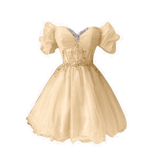 Tsbridal Tulle Homecoming Dresses for Women Lace Beaded Prom Formal Dress Ruffled Sleeve Cocktail Gown