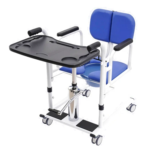 EurHomePlus Hydraulic Patient Lift Nursing Chair, 4 in 1 Shower Chair Transport Wheelchair, 180° Open & Close, Adjustable Lifting Height Transfer Aid w/Potty Dining Table for Home Elderly (Blue)