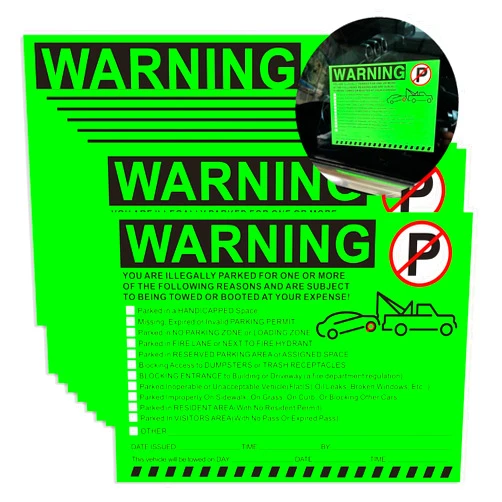 KIUKIUO Illegal Parking Warning Stickers - Vibrant Green Parking Violation Notices - Stick-it-and-Forget-it Adhesive - 50 pcs Private Parking Violation Decals for Car Windows - Size 5.5X7.5 inch.