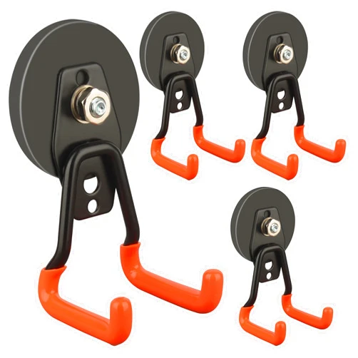 ULIBERMAGNET New Upgraded Heavy Duty Magnetic Garage Hooks,4 Pack Strong Large Magnet Hooks for Power Drill,Garden Tools,Hose,Pegboard,Garage, Workshop,Magnetic Storage Hook for Hanging(Orange)