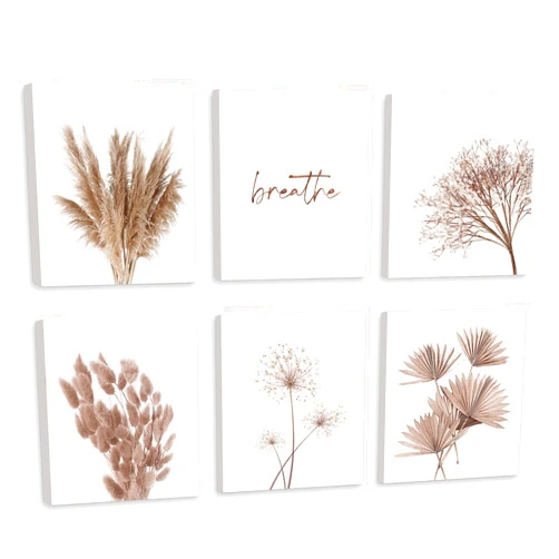 HPNIUB Nature Wall Decor, Botanical Wall Art Print Set Of 6 Piece (12x16inch,Framed), Reed Dandelion Dried Flower Plant Canvas Poster Gift, Breath Quote Painting For Living Room or Yoga Room Decor