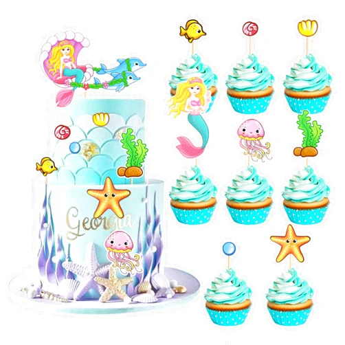 Ercadio 18 PCS Mermaid Theme Cake Toppers Glitter Mermaid Tail Birthday Cake Toppers Seaweed Mermaid Tail Cake Toppers Under the Sea Birthday Party Decoration Supplies