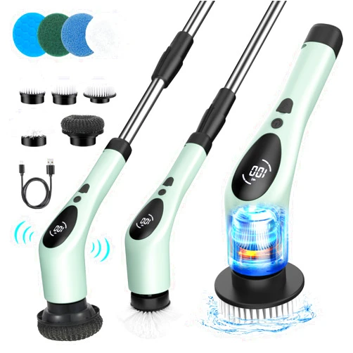 Nuovoware Electric Spin Scrubber,550RPM Cordless Cleaning Brush with Three Speeds, 3000mAH Bathroom Shower Power Scrubber with 9 Brush Heads, Electric Scrub Brush for Tile, Tub, Floor,Voice Broadcast