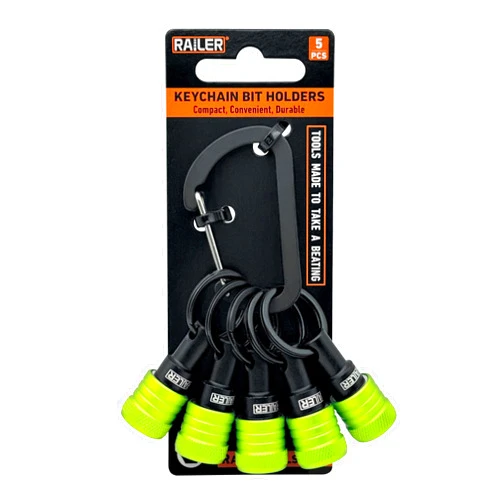 Railer Bit Holder Keychain 5pc - 1/4 inch Hex Shank Bit Holders - Quick-change Design For Nut Driver, Screwdriver & Drill Bits, Include Keychain Carabiner