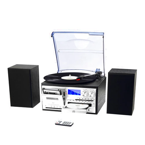 MUSITREND 10 in 1 Record Player with External Speakers, 3 SpeedTurntable with AM/FM Radio, CD & Cassette Player, Bluetooth, USB/SD Playback, Remote Control, Black