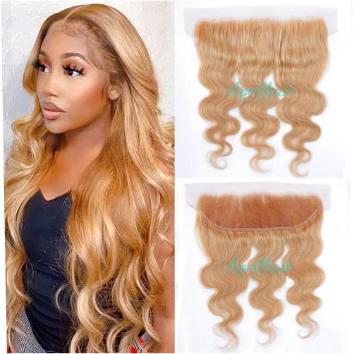 Aprilhair 8A Pre Plucked Lace Frontal #27 Honey Blonde Brazilian Virgin Human Hair Body Wave Ear to Ear 13x4 Lace Frontal Closure (16Inch, 13x4 Lace Frontal)