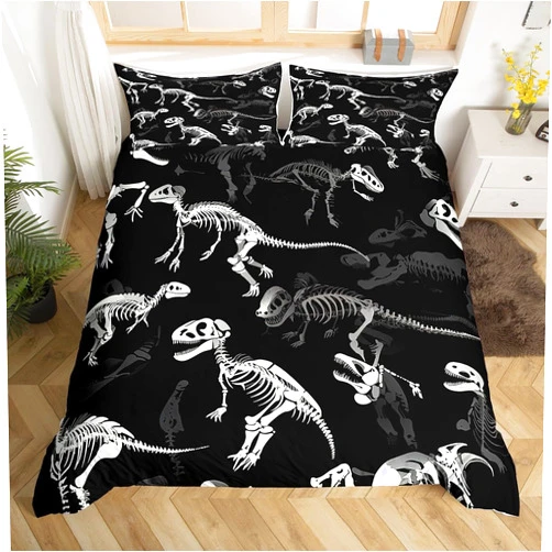 Erosebridal Dinosaur Skeleton Duvet Cover Gothic Dino Skull Bedding Set Full Size, Wildlife Bone Comforter Cover Set for Child Teens Boys Youth Man, Sci-Fi Wild Animal Themed Room Decor