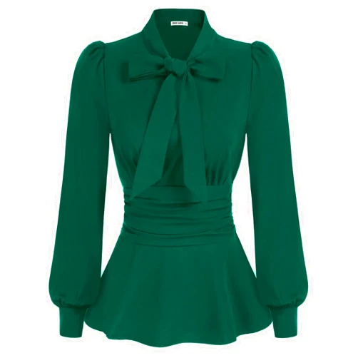 GRACE KARIN Women's 2025 Long Sleeve Peplum Dressy Shirt Office Bow Tie Work Blouses Tops Smocked Waist