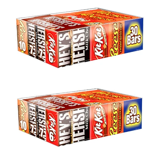 HERSHEY'S Hershey uxApzl Chocolate Candy Bar Variety Pack, HERSHEYS Milk Chocolate With Almonds, HERSHEYS Milk Chocolate, REESES Peanut Butter Cups, and KIT KAT Bars 30 Count Box (2 Pack)