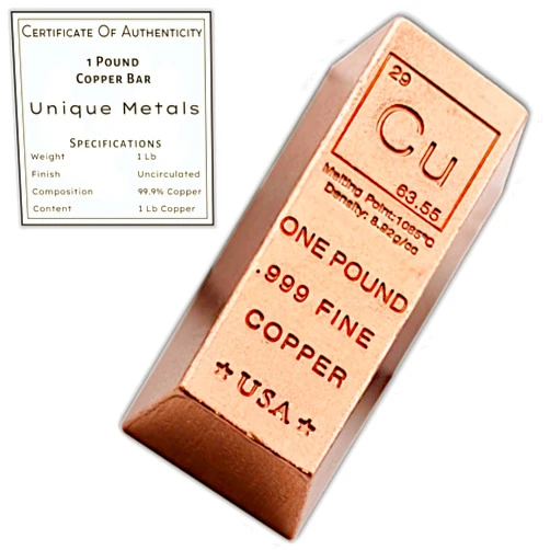 Unique Metals 1 Pound Copper Bar Ingot Paperweight - .999 Pure Copper Bar Bullion Chemistry Element Design with Certificate of Authenticity by Unique Metals