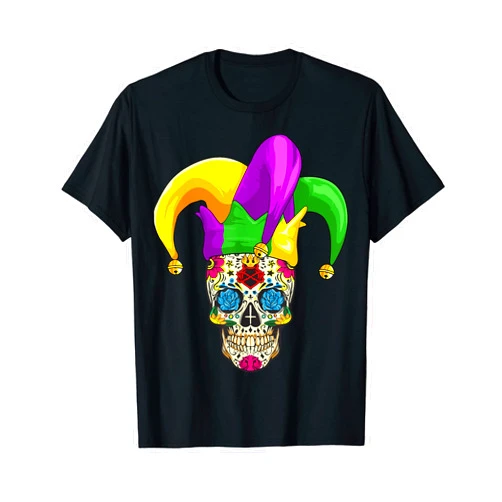 Sugar Skull Mardi Gras Purple Festival Sugar Skull Mardi Gras Jester Joker Louisiana Carnival Party T-Shirt