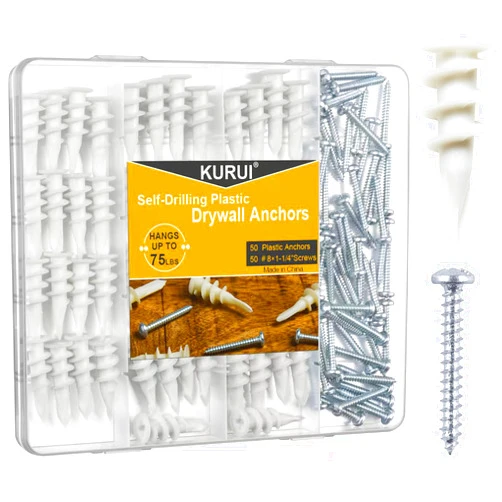 KURUI #8 Self Drilling Drywall Anchors, 100PCs Dry Wall Anchors and Screws for Drywall, 50 Self-Tapping/Threaded Plastic Sheetrock Anchors + 50#8 x 1-1/4'' Screws, 75LB Hanging and Mounting