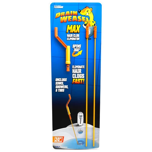 FlexiSnake Drain Weasel MAX Drain Hair Clog Remover Tool with Rotating Handle and 2 Wand Refills, Made in the USA, 20 inch
