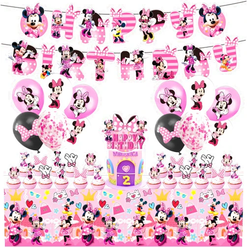 Viitipar Pink Minnie Birthday Party Supplies， Minnie Party Decoration Set include Happy Birthday Banners, Tablecloth, Balloons and Cake Toppers, Minnie Theme Party