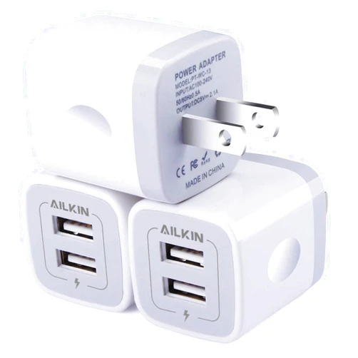 AILKIN Wall Charger, 3Pack 5V/2.1A AILKIN 2-Port USB Wall Charger Home Travel Plug Power AC Adapter Fast Charging Block Cube for iPhone 15 14 13 12 SE 16Pro Max XS 17 Plus, Samsung Galaxy, Google Pixel Box