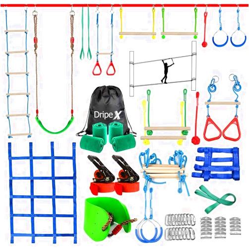 Dripex Ninja Warrior Obstacle Course for Kids, 2×50ft Double Slacklines with 10 Most Complete Accessories for Kids, Swing, Trapeze Swing, Rope Ladder, Obstacle Net, 1.2M Arm Trainer