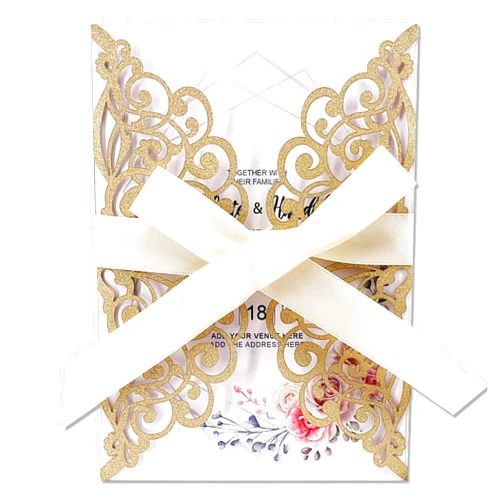 Fashmade 50Pcs Laser Cut Wedding Invitation With Glitter Envelopes And Ribbons Blank Personalized Card Invitaciones Para quinceañera Birthday Baby Shower Christmas Party Bridal Shower (Gold)
