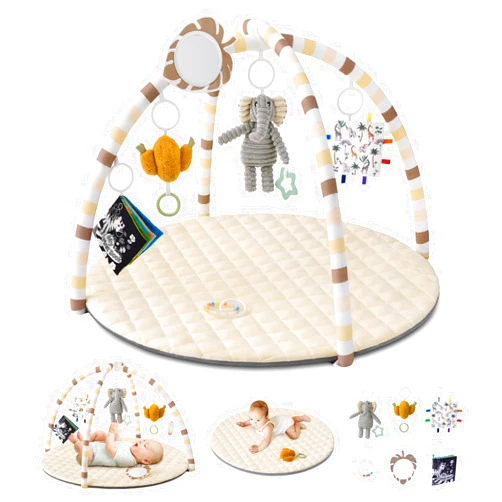 Blissful Diary Baby Play Gym Mat, Tummy Time Activity Mat with 6 Detachable Toys for Stage-Based Sensory & Motor Skill Development, Easy to Install & Clean, Baby Essentials Gift, Sandy Beige