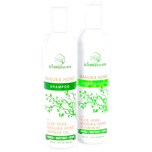 Wild Naturals Manuka Honey Shampoo and Conditioner - Soothing Moisturizing Formula for Eczema, Psoriasis, Curly Hair and Color-Safe - All Natural Set