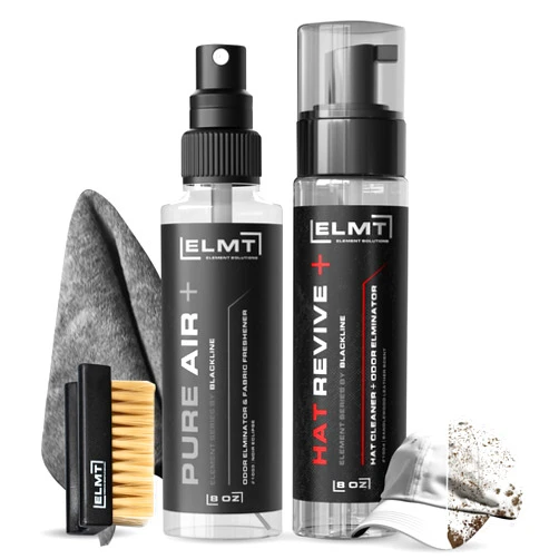 Blackline ELMT Hat Cleaning Kit — Quick-drying, US-Made, Cleans 50+ Hats — Hat Cleaner for Baseball Caps of all Materials Cotton, Wool, Leather, Felt and more (8oz Solution, Deodorizer, Towel & Brush)