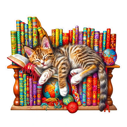 Pijesaksa Wooden Puzzles for Adults, Snoozing Cat Wooden Jigsaw Puzzles for Adults, Library Kitten Wood Puzzles Adult, Unique Animal Shape, Gifts for Cat Lovers & Friends, Home Decor (S -8.5 * 6.9in -100 pcs)