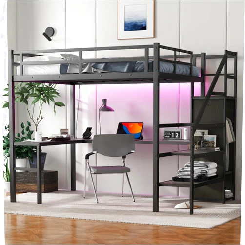 Ball & Cast Full Size High Loft Bed with LED & USB,Solid Metal Bedframe W/Wardrobe & Adjustable Shelf,L-Shaped Desk,Easy Assembly,Saving Space,Economic Bedroom Furniture for Kids Teens Adults,Black