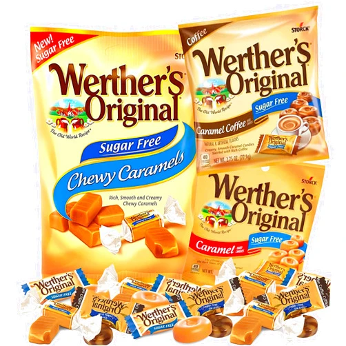 Needzo Werther's Sugar Free Candy Variety Pack with Classic Caramel Flavored Hard and Chewy Candies Paired with Caramel Coffee, Sugarless Gift Basket Stuffer, Set of 3