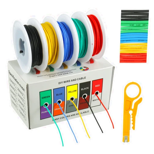 BOJACK 26 AWG Flexible Silicone Wire Electric Wire Hook up Wire Kit 300V Cables with Plus 20 φ3mm Heat Shrink Tubings and a Mini Wire Stripper(5 Colors 32.81Ft Each Color, 26AWG)