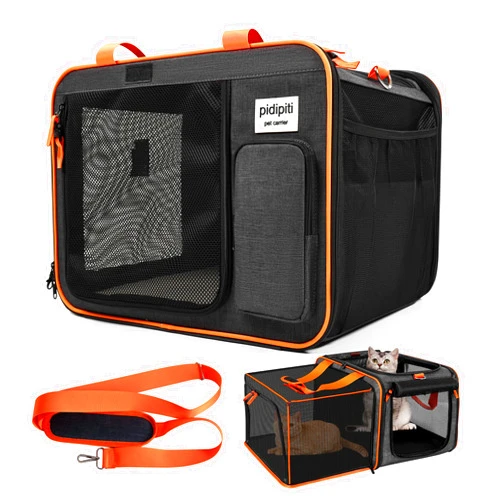 Pidipiti 20 x 14 x 14 inches Expandable pet Carrier for 1 Large cat Under 25 lbs,2 Medium Cats/Rabbits 20 lbs+, 1 Small Dog Under 15 lbs,cat Crate/Bag for Short Trip/Long Distance car Travel