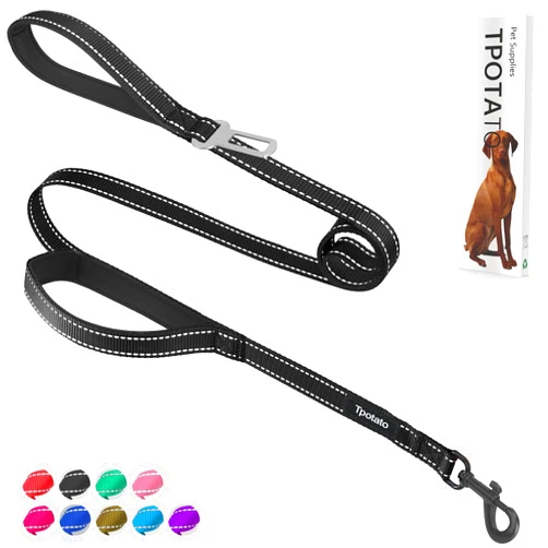 Tpotato 6 Foot Black Dog Leashes for Large Medium and Small Breed Dogs That Pull,Reflective Nylon Heavy Duty Dog Leash with 2 Comfortable Padded Traffic Handles and Car Seat Belt for Walking and Training