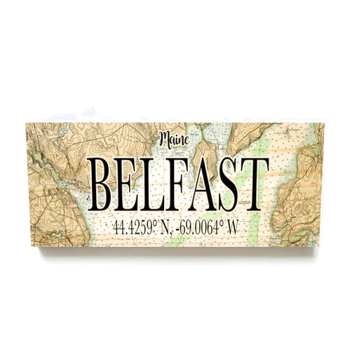 MapMom Belfast, Maine 3x9 Wood Coordinate Wall Hanging Sign; Shelfsitter | High Definition Ink Printed On Wood Home Décor Map | Ready to Hang | Perfect Gift for the Perfect Place
