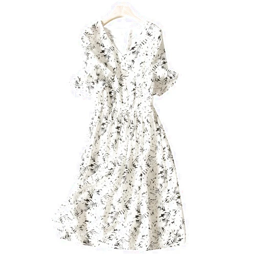 SHJINJU Women's Dress V-Neck Ruffle Print Neck Waist 100% Silk Casual Everyday Party School Dress