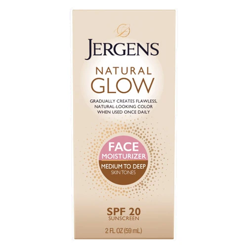 Jergens Natural Glow Self Tanner Face Moisturizer, SPF 20 Facial Sunscreen, Medium to Deep Skin Tone, Sunless Tanning, Oil Free, Broad Spectrum Protection UVA and UVB, 2 oz (Packaging May Vary)