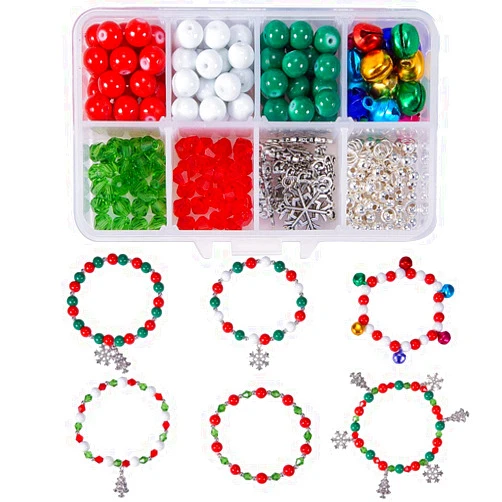 SUNNYCLUE 1 Box 263Pcs DIY 6 Sets Christmas Adjustable Bracelet Making Kit Snowflake Christmas Tree Holiday Jingle Bells Winter Charms Red Green Beads for Jewelry Making Kits Women Adults Xmas Gifts