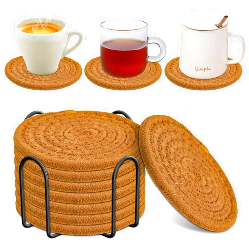Mckanti 8 Pcs Drink Coasters with Holder, Absorbent Coasters for Drinks, Minimalist Cotton Woven Coaster Set for Home Decor Tabletop Protection Suitable for Kinds of Cups, 4.3 Inches.
