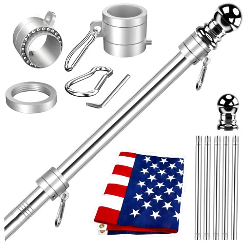 Jetlifee American Flag Pole Kit Made in USA,Including All 6FT 5 Section Flag Pole, 3x5 FT Embroidered Stars American Flag, 2 Position Flag Pole Holder And 2 Pcs 360°Rotating Anti Wrap Flag Mounting Rings