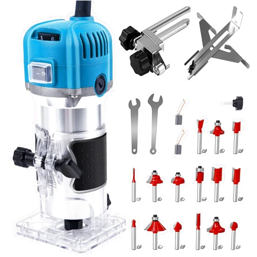 MeiMeiDa 800W Compact Wood Router Tool, Handheld Palm Routers for Woodworking with 6 Variable Speed,Electric Trimmer Wood Router with 15pcs 1/4