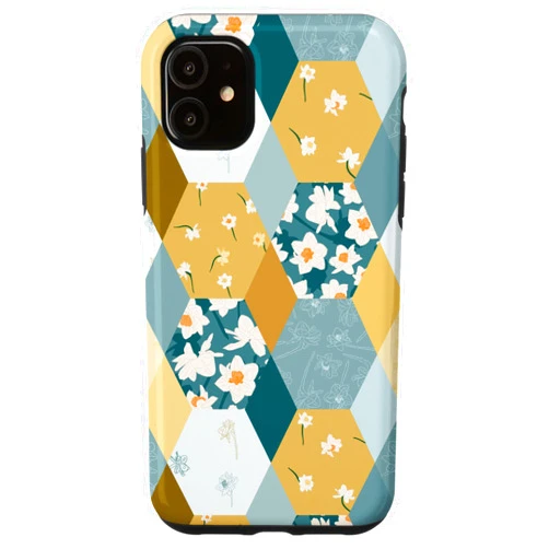 Patterns by M.Kokolo iPhone 11 Floral Daffodil Quilt Pattern | Teal Blue and Yellow Case