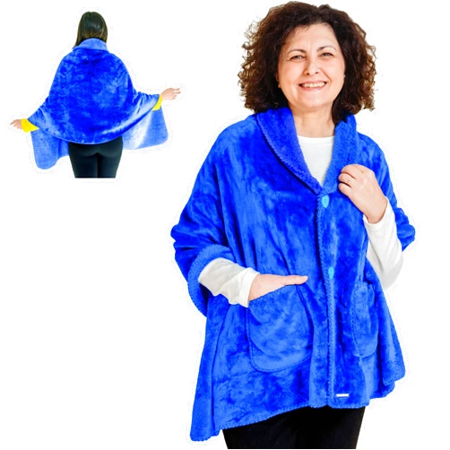 EzrAllora Fleece Poncho Blanket -No Sleeves- Lightweight Warm Wrap Shawl - Wearable Blanket - Lap Blanket - Gift for Grandma (Fleece, Azure)