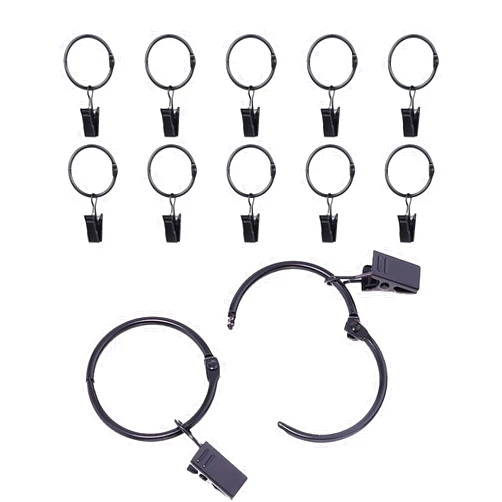 Locien Metal Curtain Rings with Clips 10 Pcs, 2.5 Inch Inner Diameter, Openable Large Strong Iron Vintage Rustproof Drapery Hooks, Black