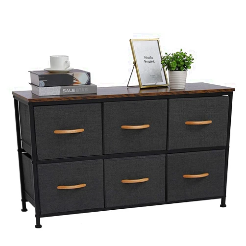 BAYUELSWU 2-Tier Wide Drawer Dresser, Storage Unit with 6 Easy Pull Fabric Drawers and Metal Frame, Wooden Tabletop for Closets, Nursery, Dorm Room, Hallway (Gray)