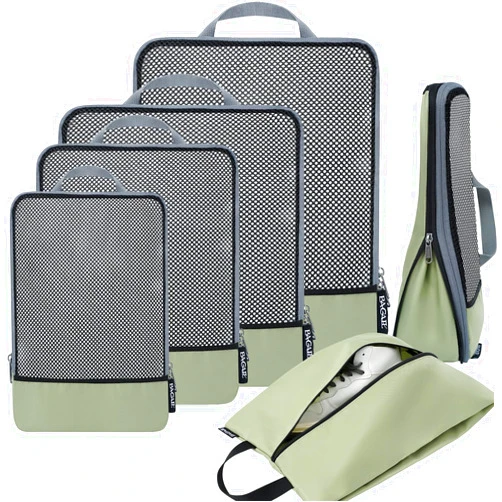 BAGAIL 4 Set/6 Set/8 Set Compression Packing Cubes Travel Accessories Expandable Packing Organizers (Half Mesh, 6-Matcha Green)