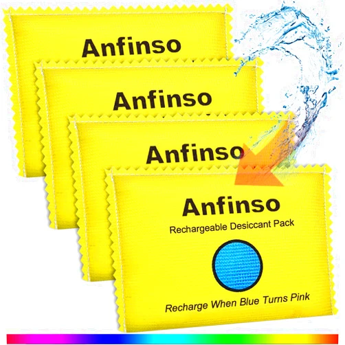 Anfinso 4 Pack X 100 Gram Rechargeable Desiccant Silica Gel Packets, Moisture Absorbers Desiccant Dehumidifier Bags for Gun Safes, Closet, Cars, Totes, Storage Bins, Reusable