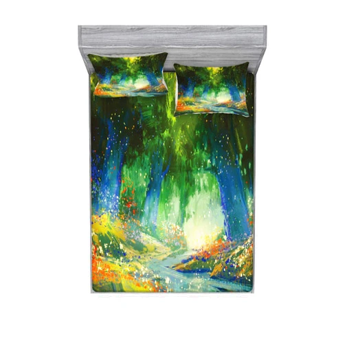 Lunarable Fantasy Fitted Sheet & Pillow Sham Set, Scene with a Flower Field with Mist River Image Art Print, Decorative Printed 3 Piece Bedding Decor Set, Full, Multicolor