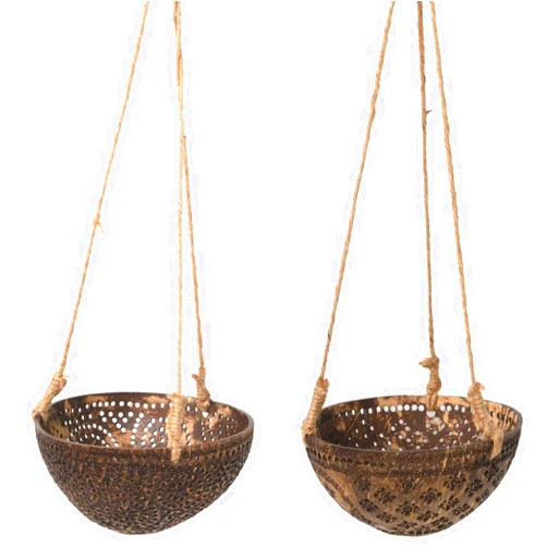 Chuanchom Coconut Shell Hanging Planter Pot Garden Decorative Set of 2 Natural Coconut Shell Flower Pot 14 Inch Garden Decoration Indoor Outdoor