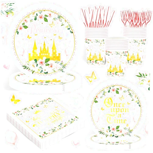 Rejoice Bunny 120PCS Princess Party Supplies for Girls Kids Baby Shower 1st Birthday Fairytale Castle Themed Party Decorations Once Upon A Time Tableware Set Plates Napkins Cups Set for 20 Guests