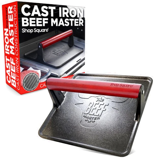 Shop Square The Beef Master Cast Iron Grill Press - XL Burger Press, Pre-Seasoned Griddle Press, Heavy Duty Meat Press for Bacon, Burgers, and Steak with Cool Touch Handle - 10”x10”x4”